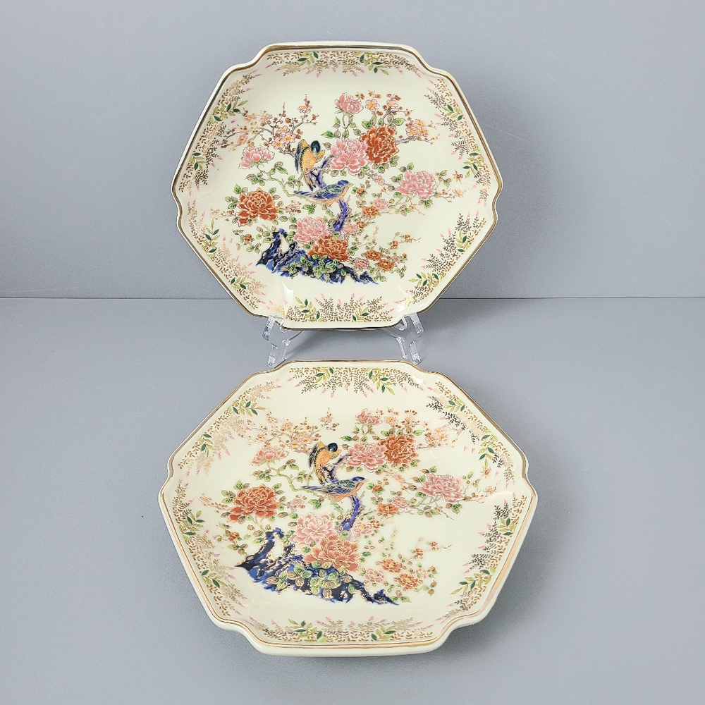Made In Japan Hexagonal Decorative Bird Floral Garden Vintage Plates- Set of Two